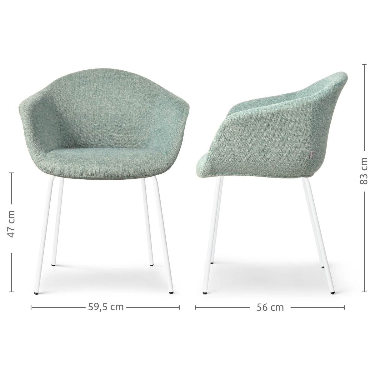 maatvoering van de Nora-Otis eetkamerstoel zacht groen - wit onderstel