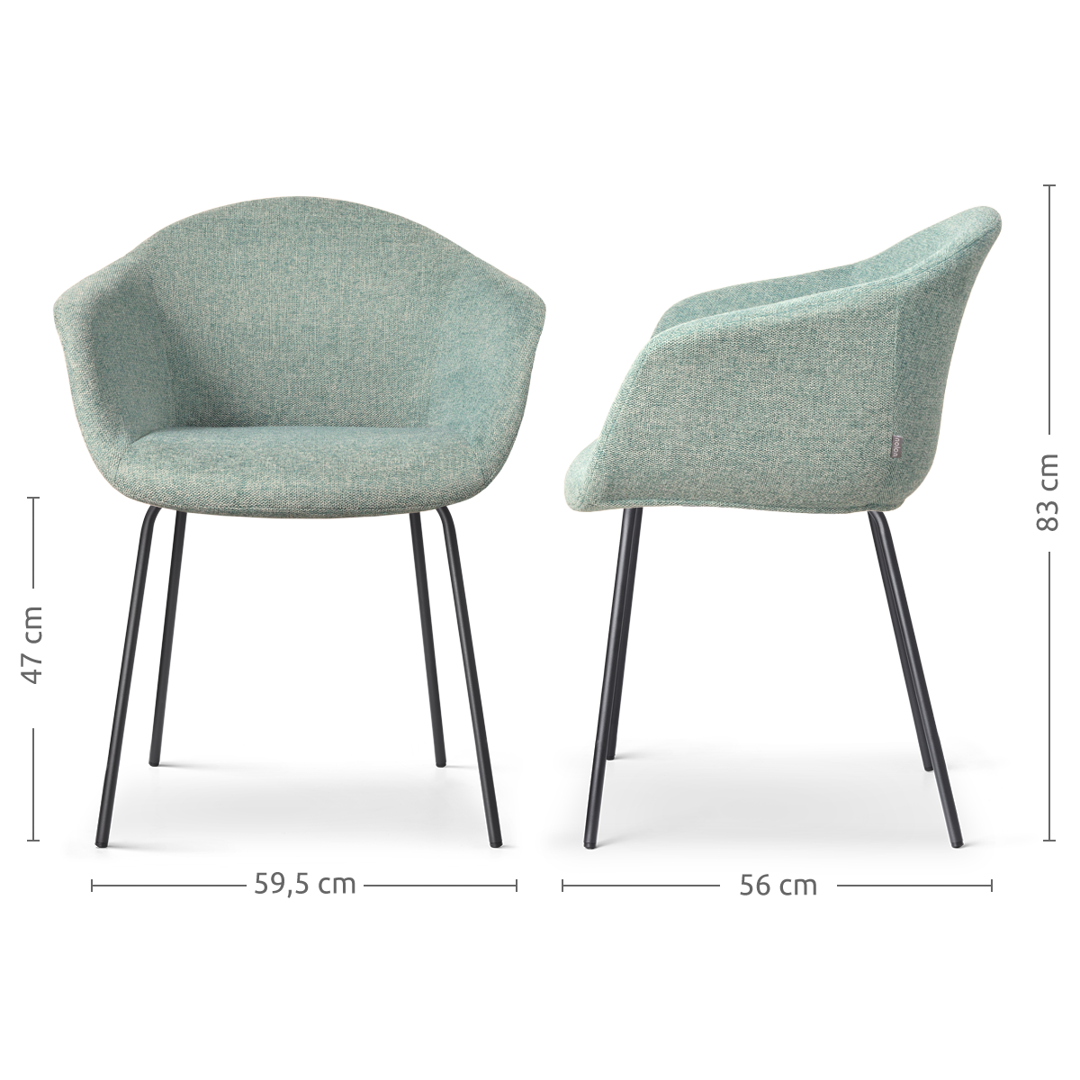 maatvoering van de Nora-Otis eetkamerstoel zacht groen - zwart onderstel
