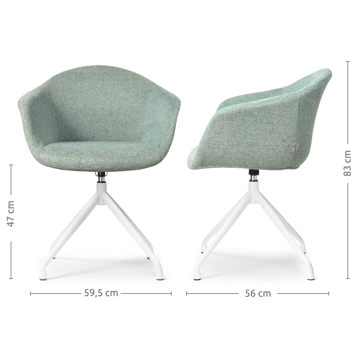maatvoering van de Nola-Otis draaibare eetkamerstoel zacht groen - wit onderstel