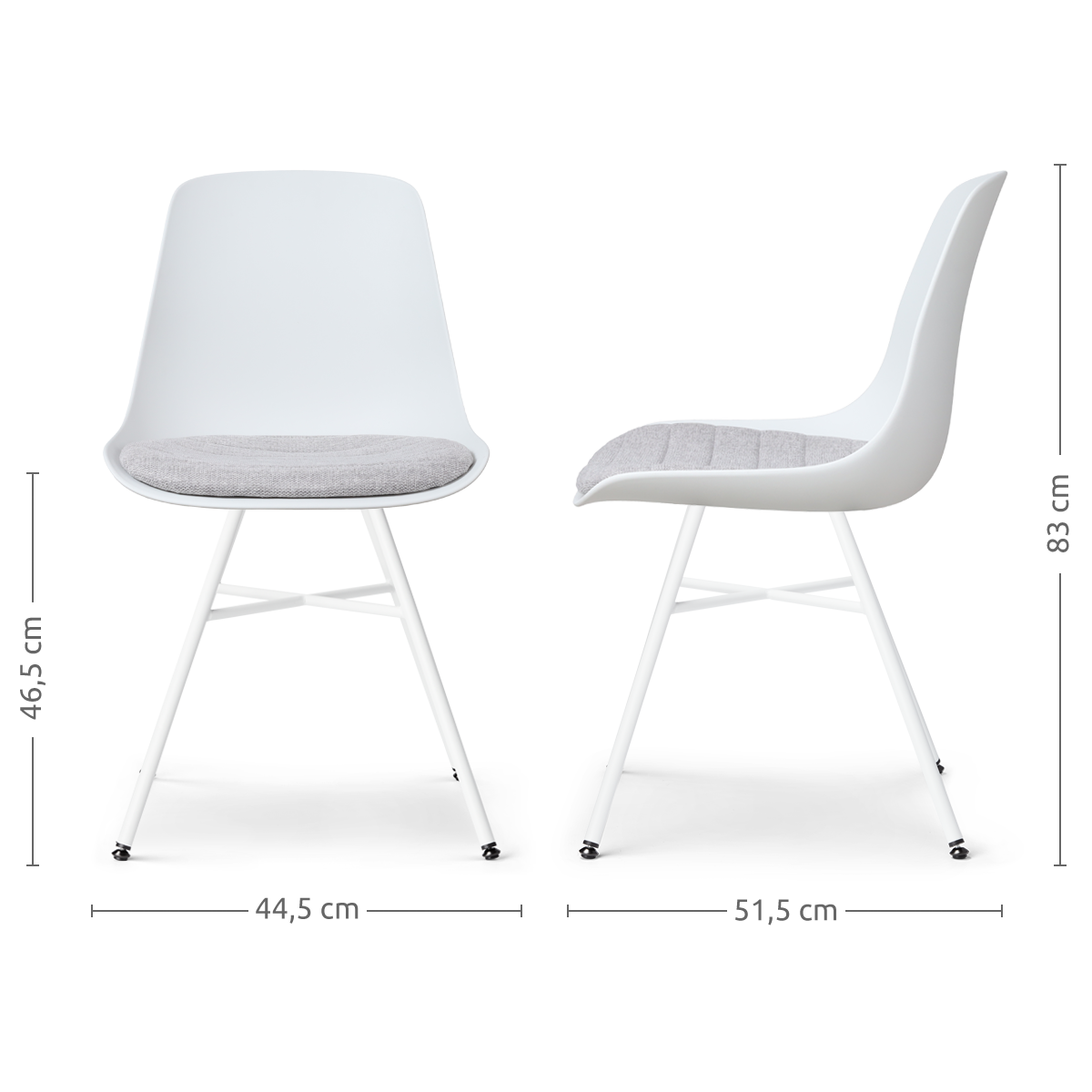 maatvoering van de Noa-Liv eetkamerstoel wit met lichtgrijs zitkussen - wit onderstel