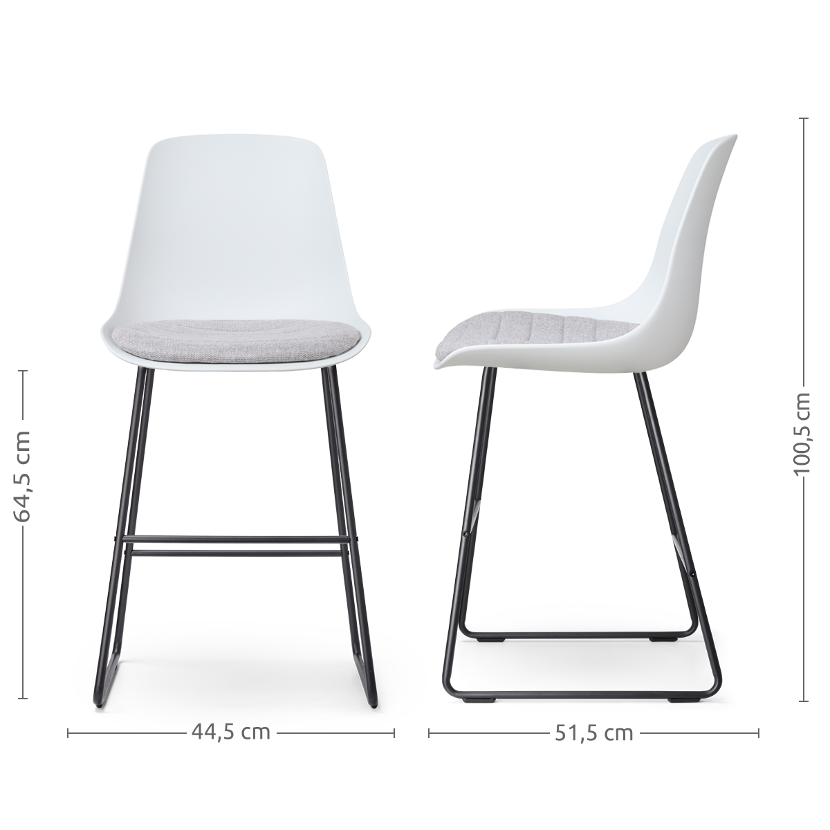 maatvoering van de Nino-Liv barkruk wit met lichtgrijs zitkussen - zwart onderstel - 65 cm