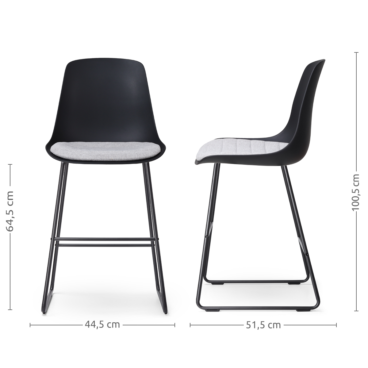 maatvoering van de Nino-Liv barkruk zwart met lichtgrijs zitkussen - zwart onderstel - 65 cm