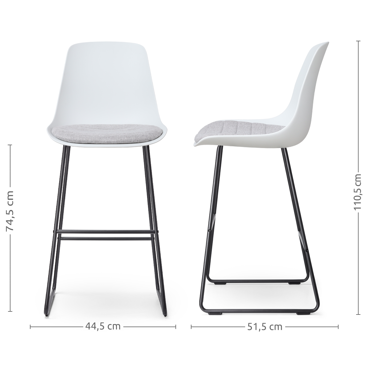 maatvoering van de Nino-Liv barkruk wit met lichtgrijs zitkussen - zwart onderstel - 75 cm