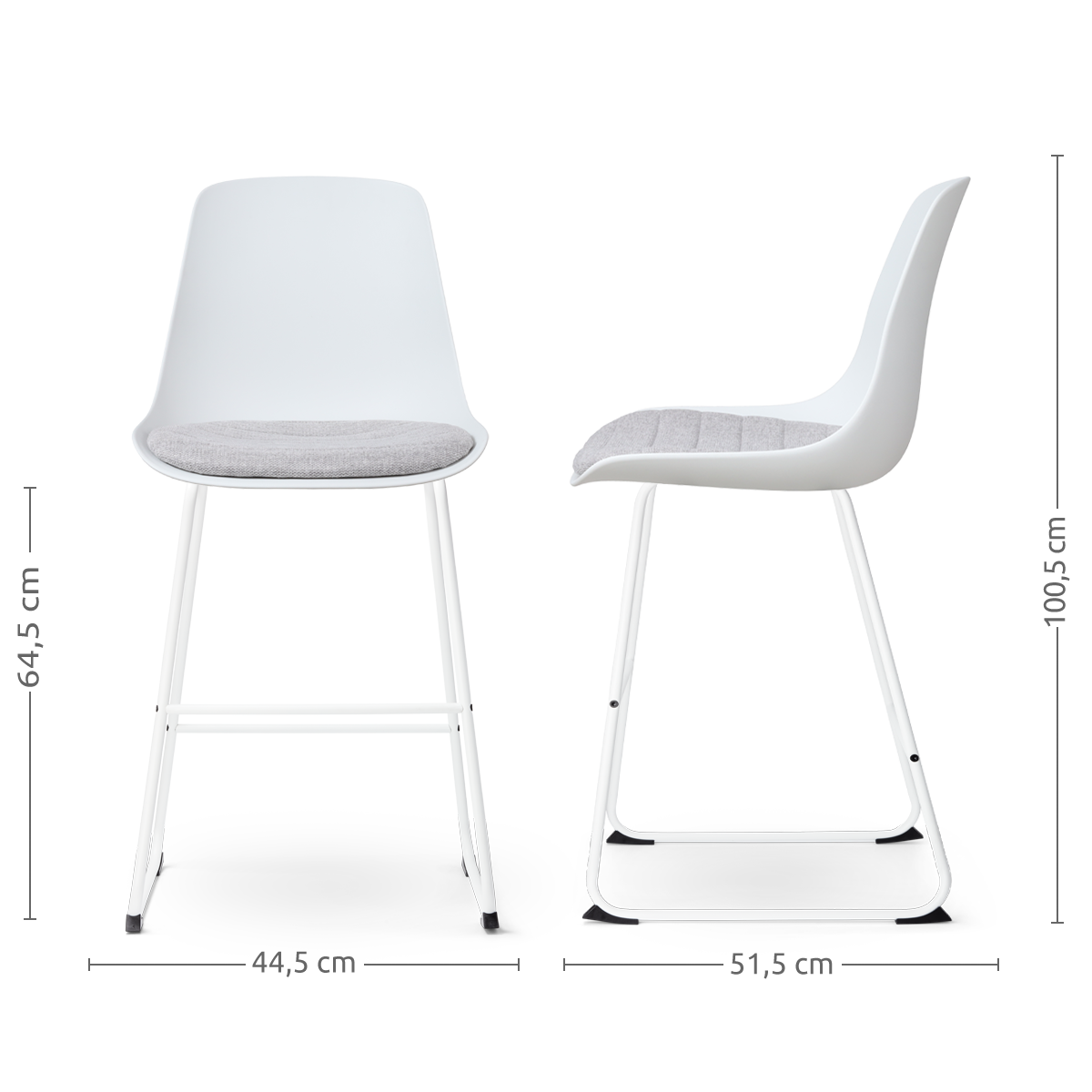 maatvoering van de Nino-Liv barkruk wit met lichtgrijs zitkussen - wit onderstel - 65 cm