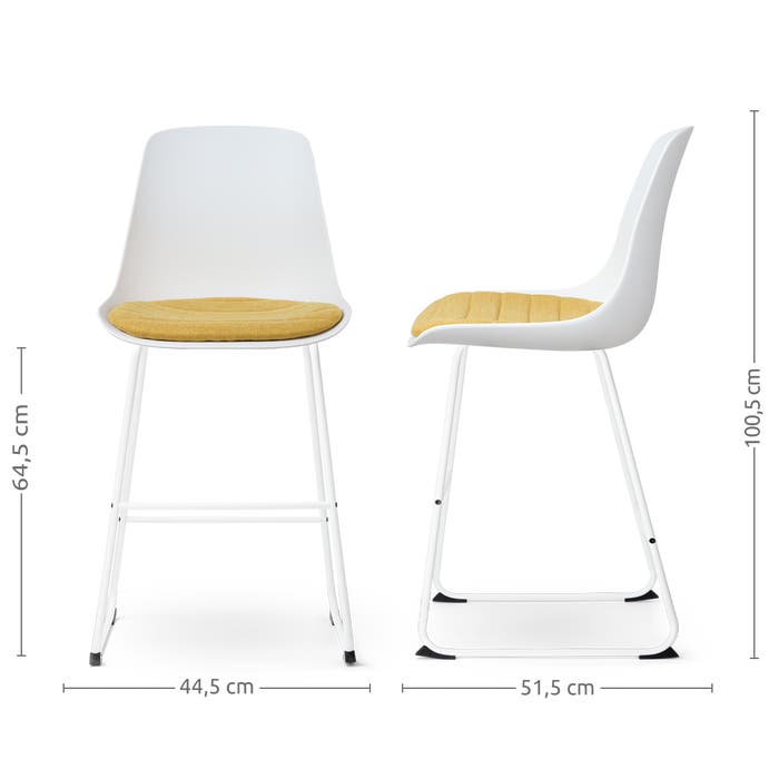 maatvoering van de Nino-Liv barkruk wit met okergeel zitkussen - wit onderstel - 65 cm