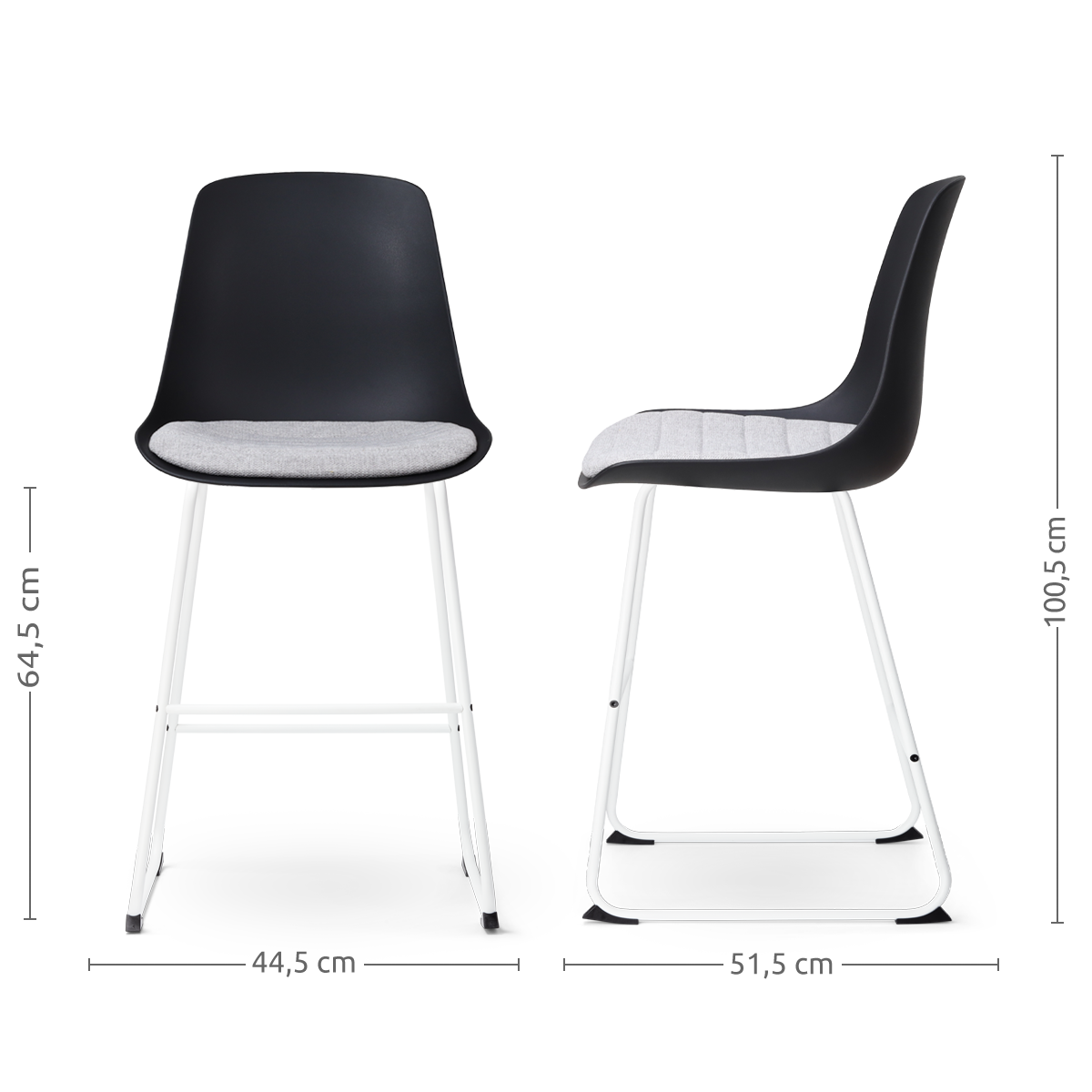 maatvoering van de Nino-Liv barkruk zwart met lichtgrijs zitkussen - wit onderstel - 65 cm