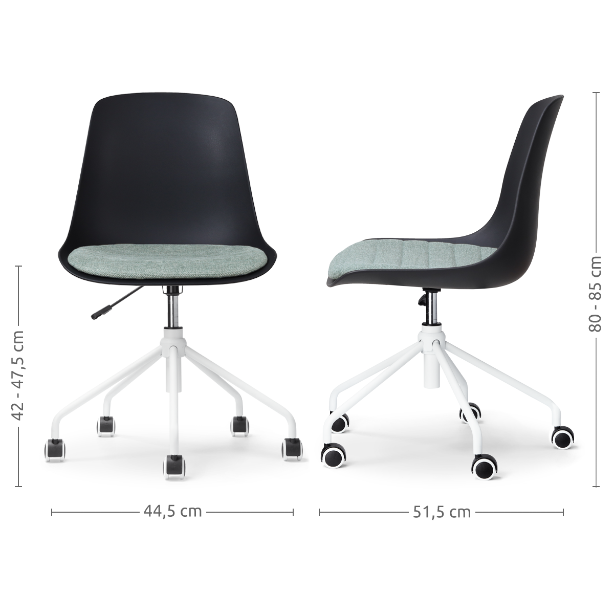maatvoering van de Nout-Liv bureaustoel zwart met zacht groen zitkussen - wit onderstel
