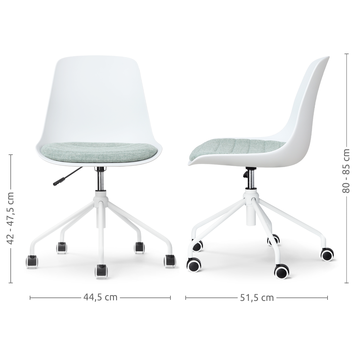 maatvoering van de Nout-Liv bureaustoel wit met zacht groen zitkussen - wit onderstel