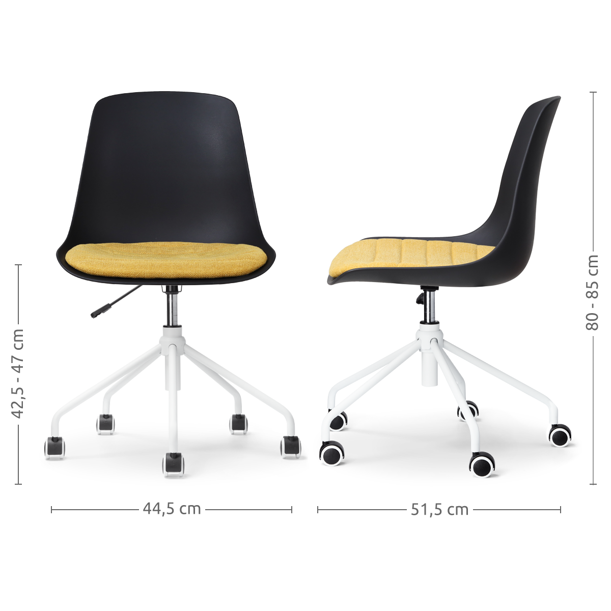 maatvoering van de Nout-Liv bureaustoel zwart met okergeel zitkussen - wit onderstel