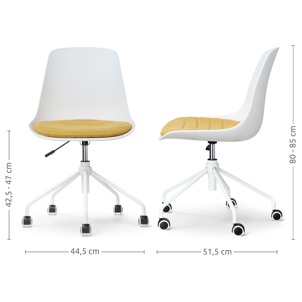 maatvoering van de Nout-Liv bureaustoel wit met okergeel zitkussen - wit onderstel