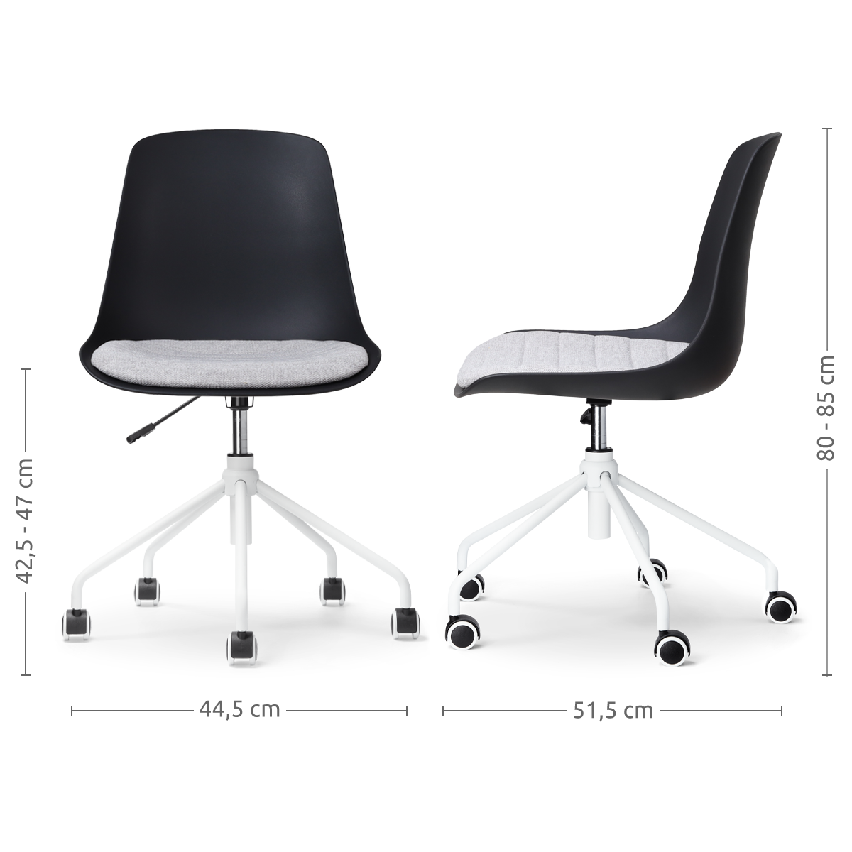 maatvoering van de Nout-Liv bureaustoel zwart met lichtgrijs zitkussen - wit onderstel
