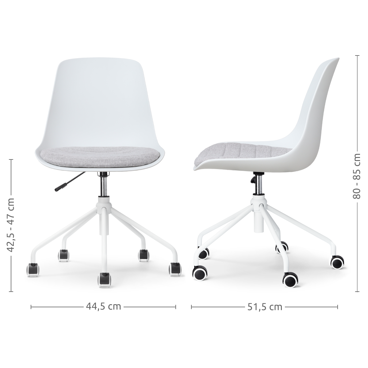 maatvoering van de Nout-Liv bureaustoel wit met lichtgrijs zitkussen - wit onderstel