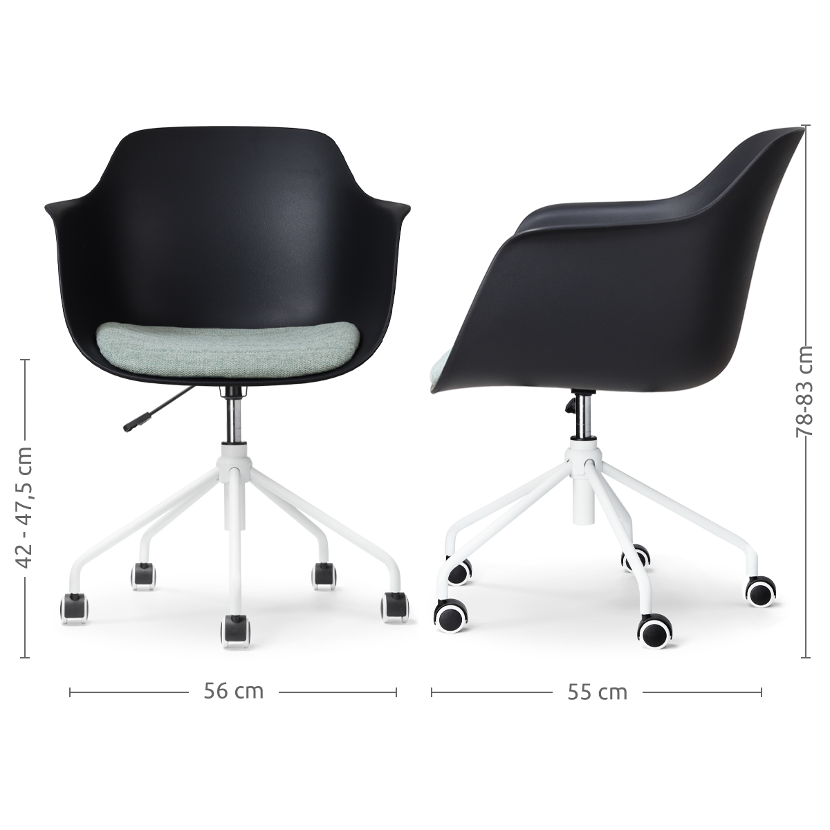 maatvoering van de Nout-Liz bureaustoel zwart met zacht groen zitkussen - wit onderstel