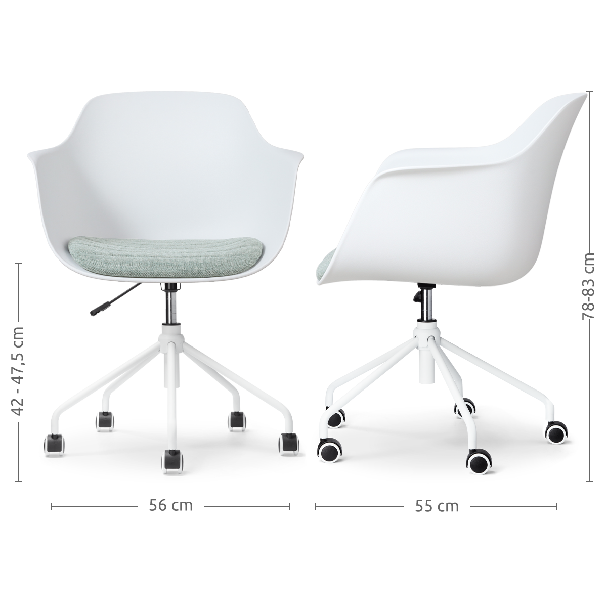 maatvoering van de Nout-Liz bureaustoel wit met zacht groen zitkussen - wit onderstel