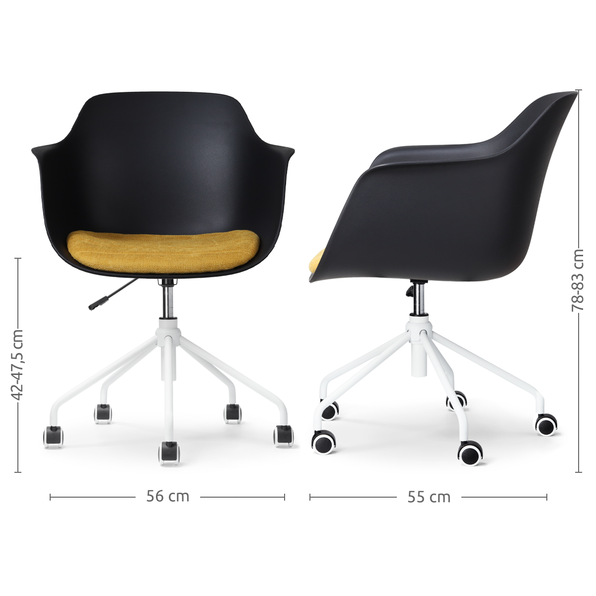 maatvoering van de Nout-Liz bureaustoel zwart met okergeel zitkussen - wit onderstel