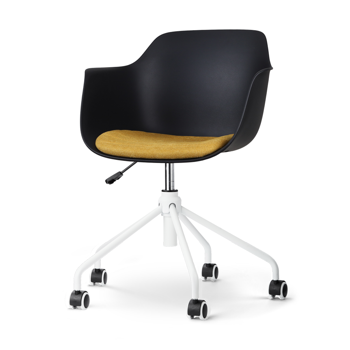 Nout-Liz bureaustoel zwart met okergeel zitkussen - wit onderstel