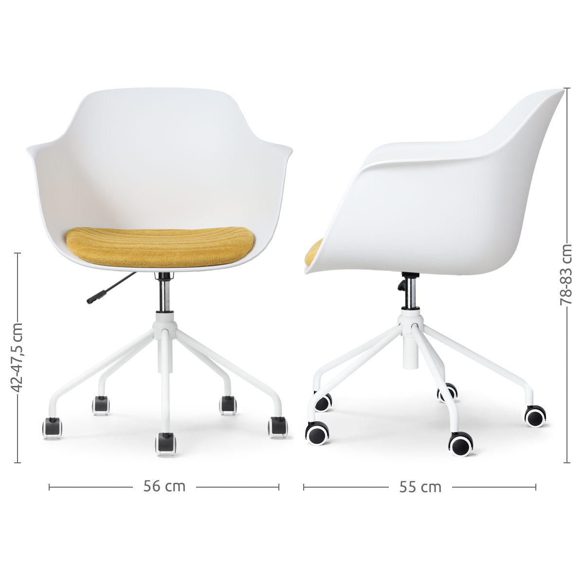 maatvoering van de Nout-Liz bureaustoel wit met okergeel zitkussen - wit onderstel