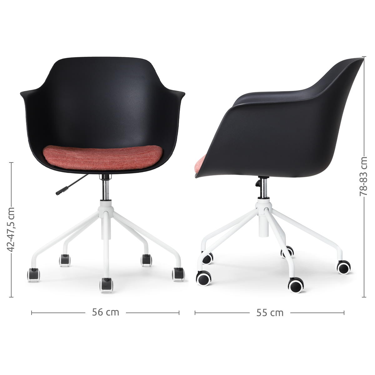 maatvoering van de Nout-Liz bureaustoel zwart met terracotta rood zitkussen - wit onderstel