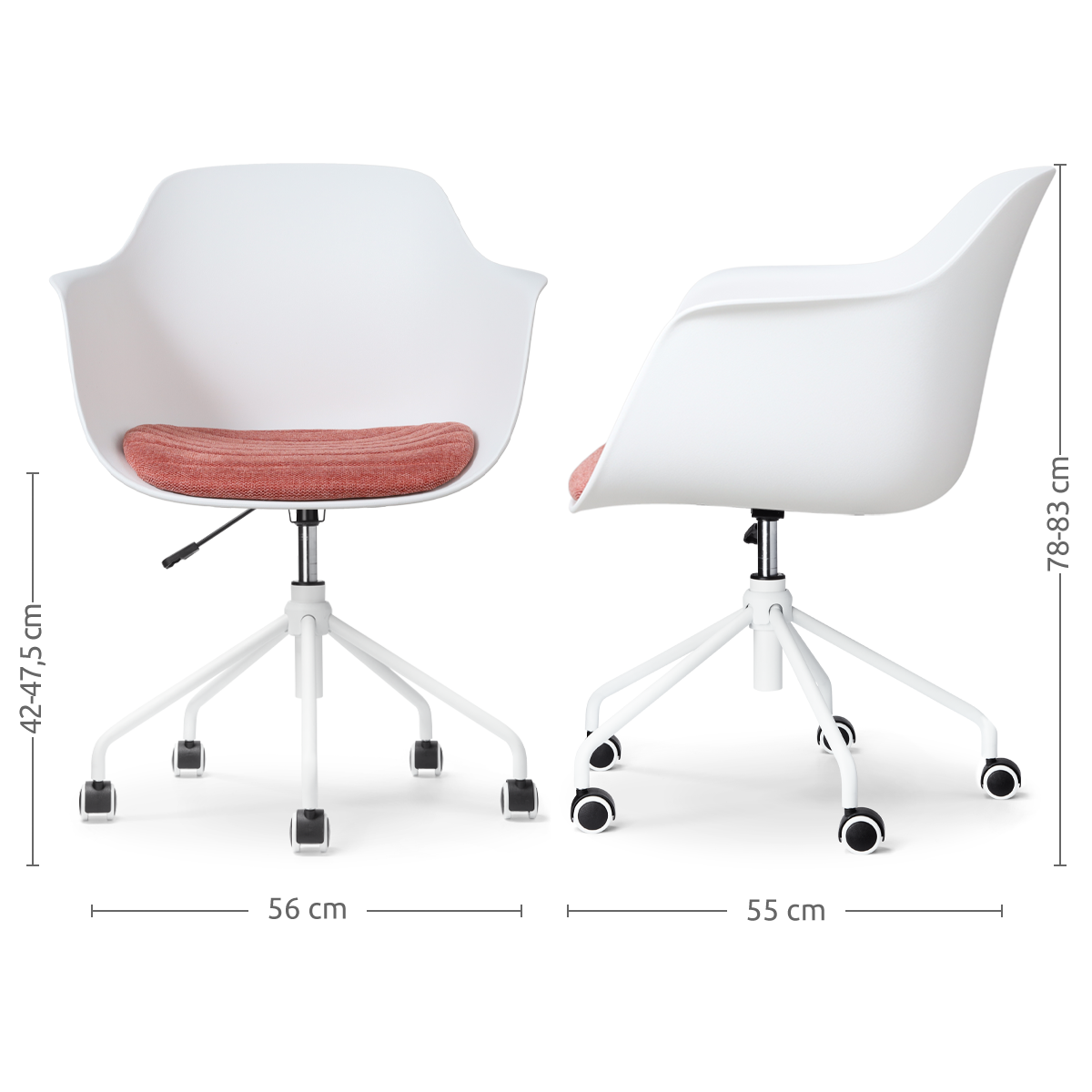 maatvoering van de Nout-Liz bureaustoel wit met terracotta rood zitkussen - wit onderstel