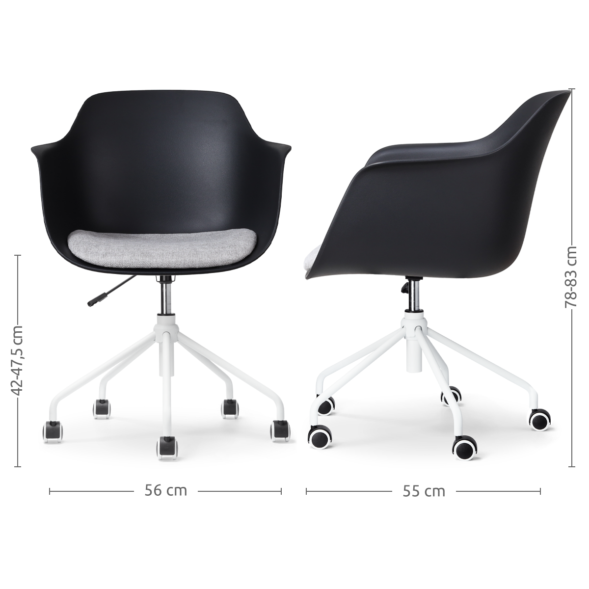maatvoering van de Nout-Liz bureaustoel zwart met lichtgrijs zitkussen - wit onderstel