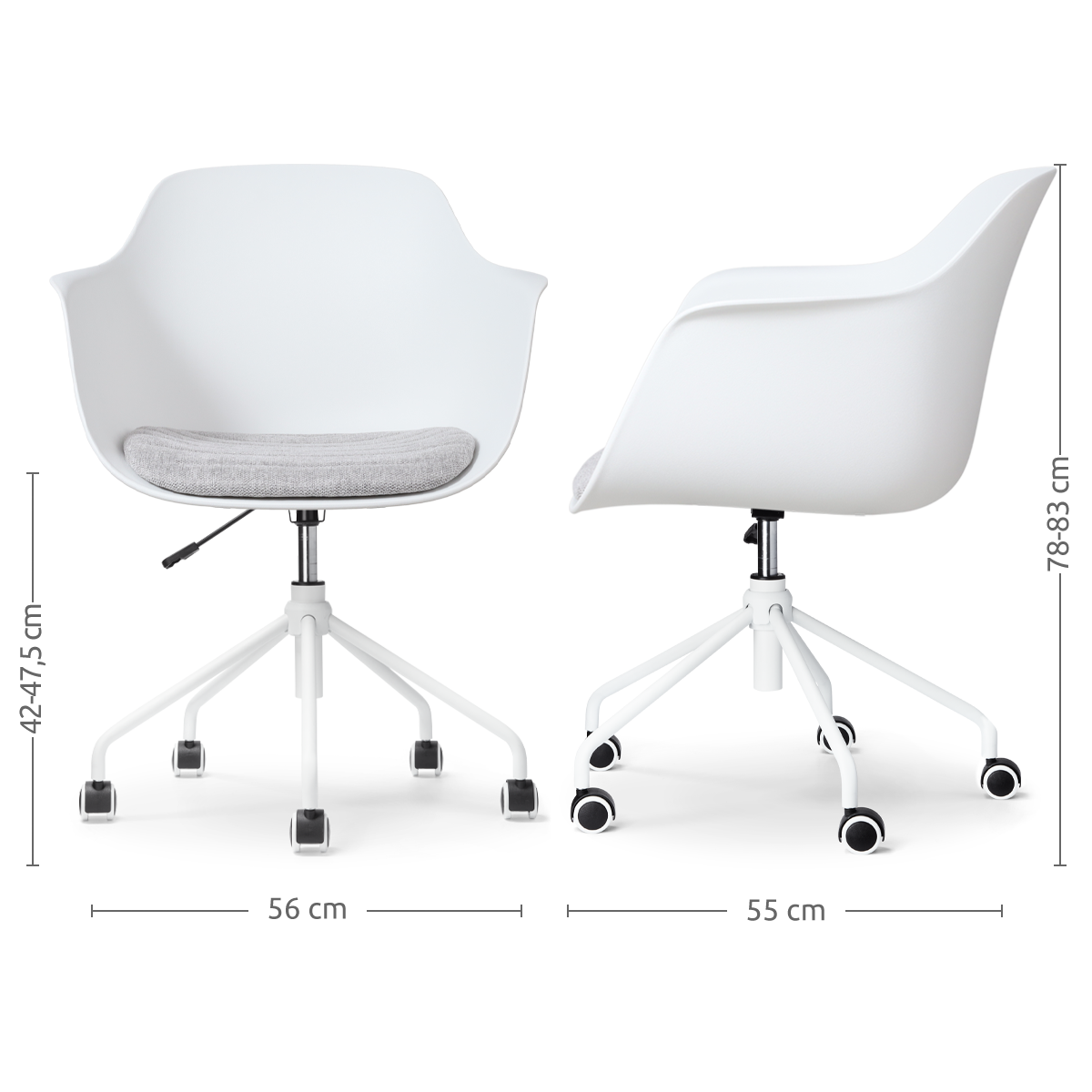 maatvoering van de Nout-Liz bureaustoel wit met lichtgrijs zitkussen - wit onderstel
