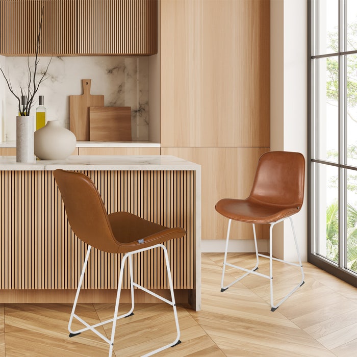 Nino-Fé barkruk kunstleer cognac - wit onderstel 65 cm - pu leer - keuken - kookeiland