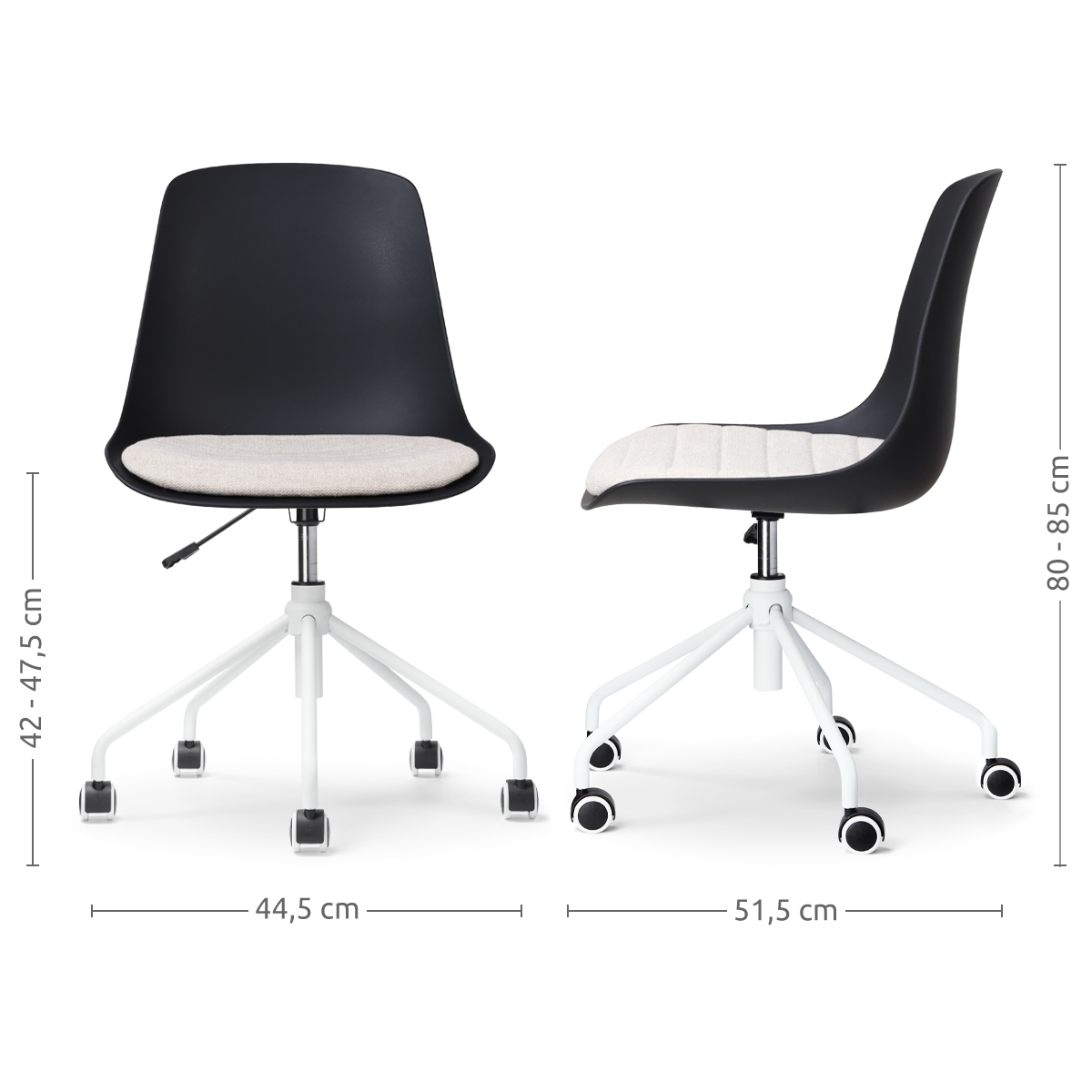 maatvoering van de Nout-Liv bureaustoel zwart met beige zitkussen - wit onderstel
