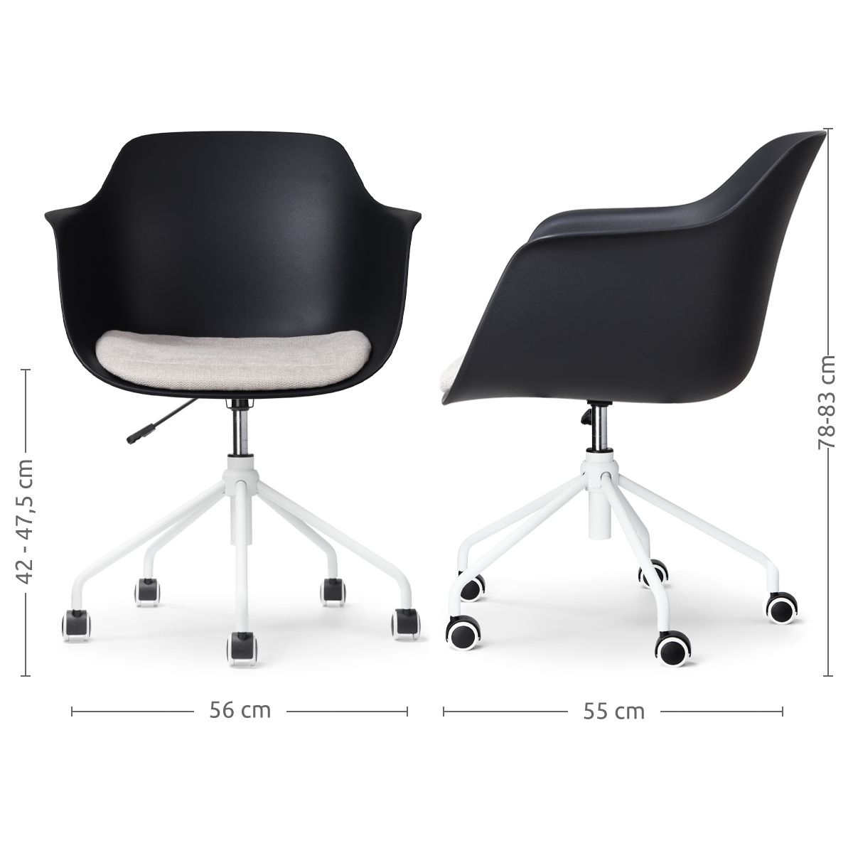 maatvoering van de Nout-Liz bureaustoel zwart met beige zitkussen - wit onderstel