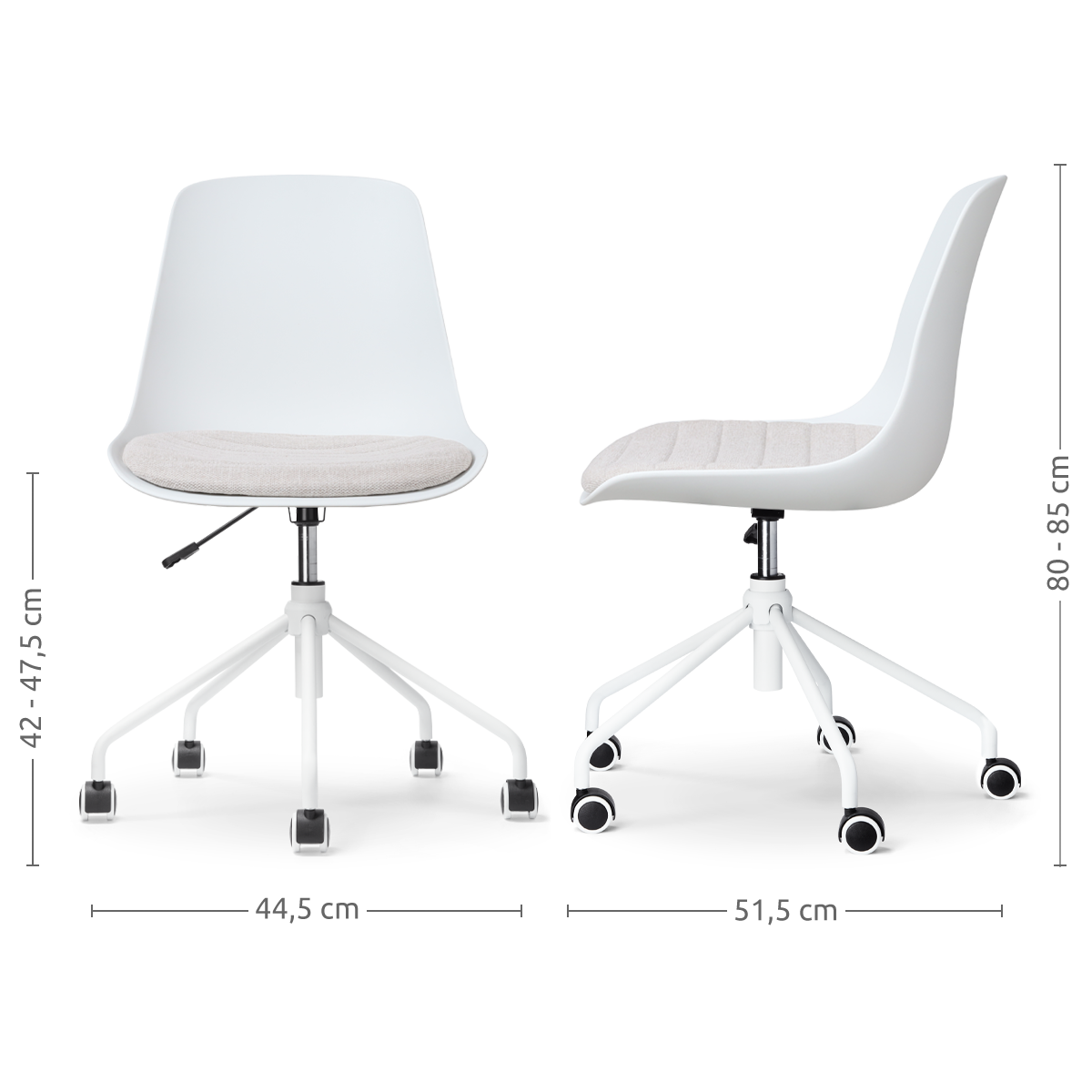 maatvoering van de Nout-Liv bureaustoel wit met beige zitkussen - wit onderstel