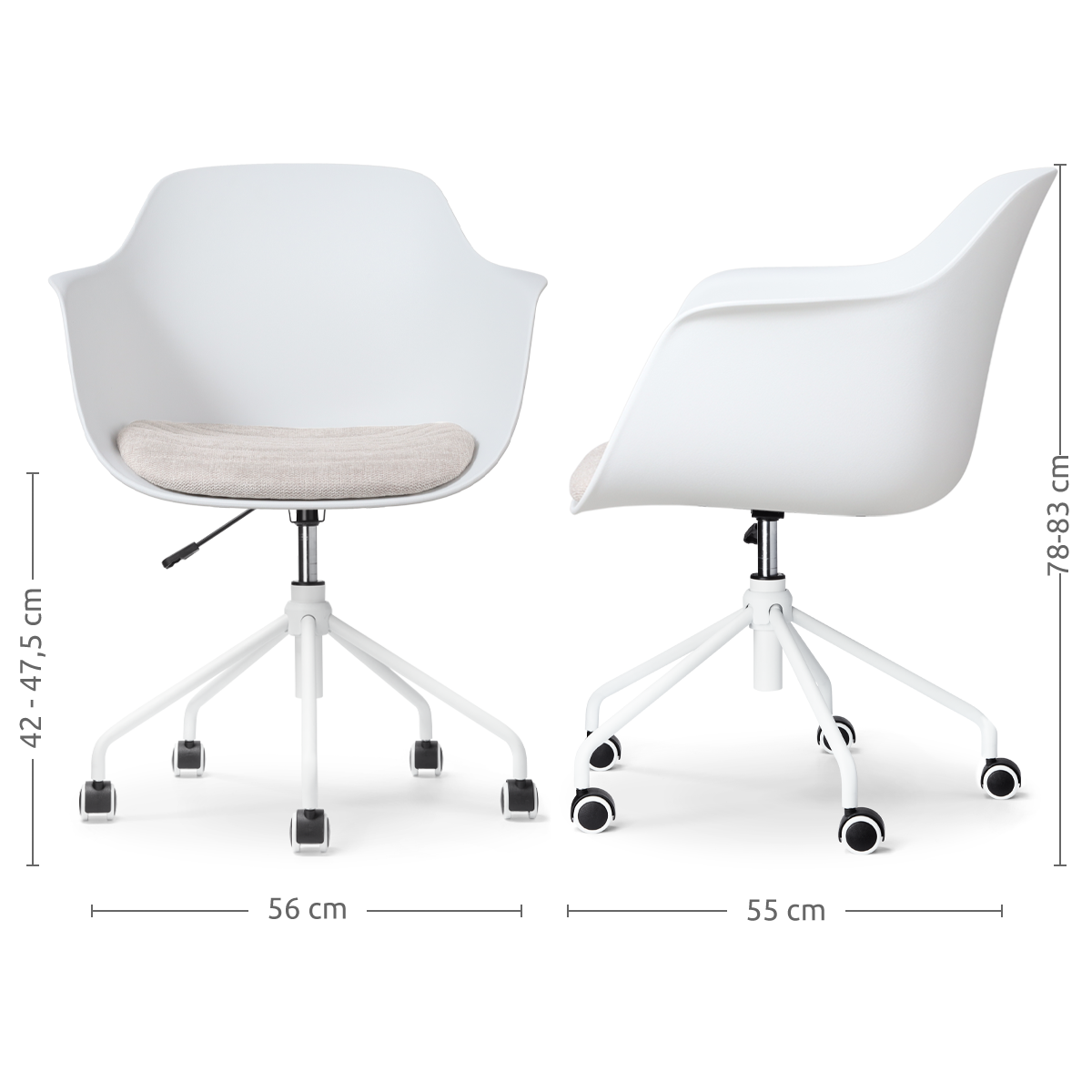 maatvoering van de Nout-Liz bureaustoel wit met beige zitkussen - wit onderstel
