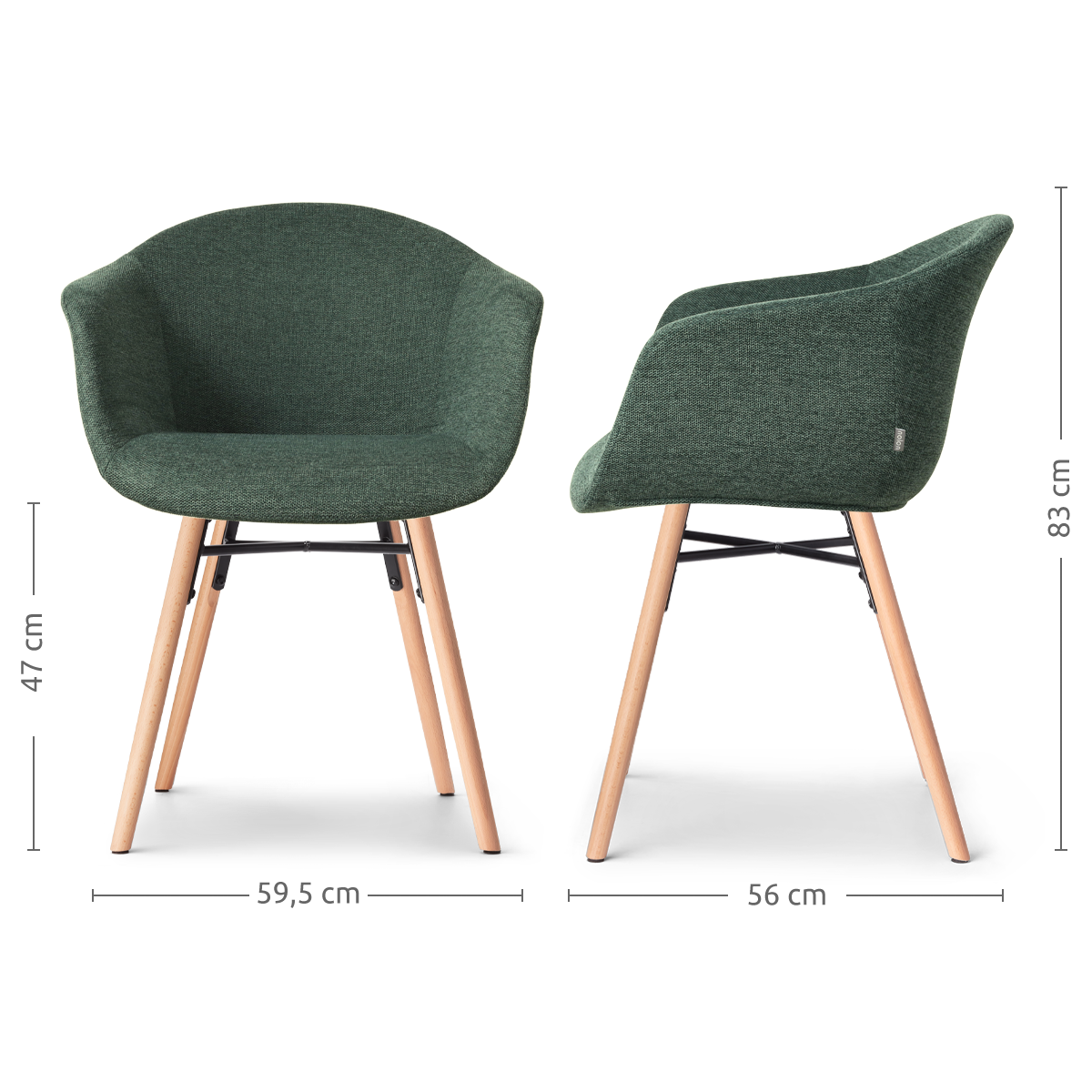 maatvoering van de Nena-Otis eetkamerstoel donkergroen - houten onderstel
