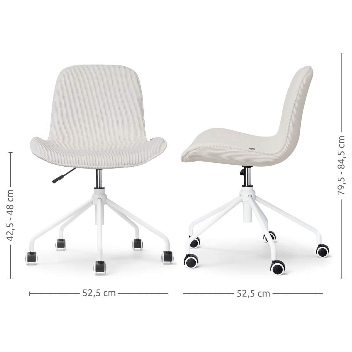 maatvoering van de Nout-Fé bureaustoel rib creme - wit onderstel