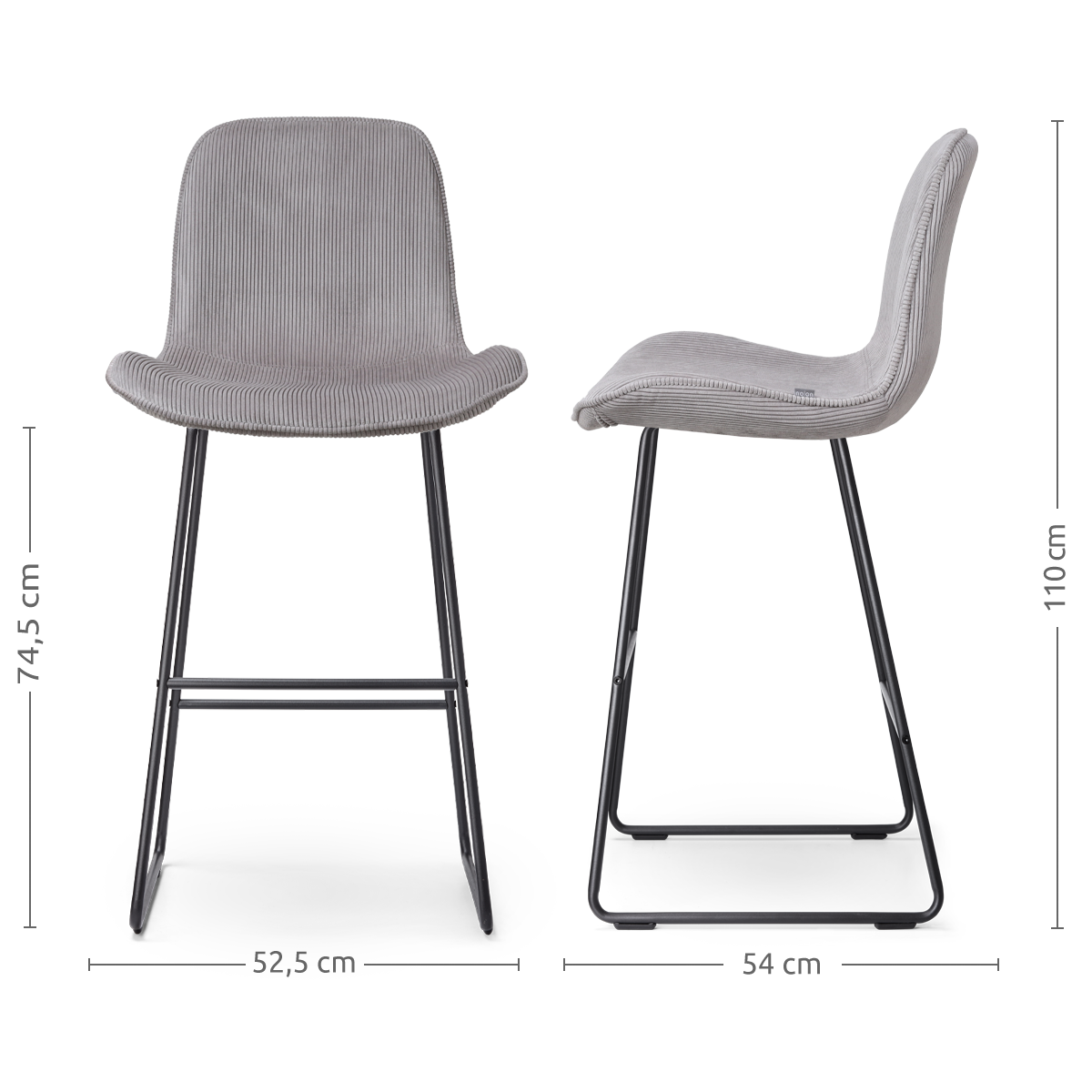 maatvoering van de Nino-Fé barkruk rib warm grijs - zwart onderstel - 75 cm