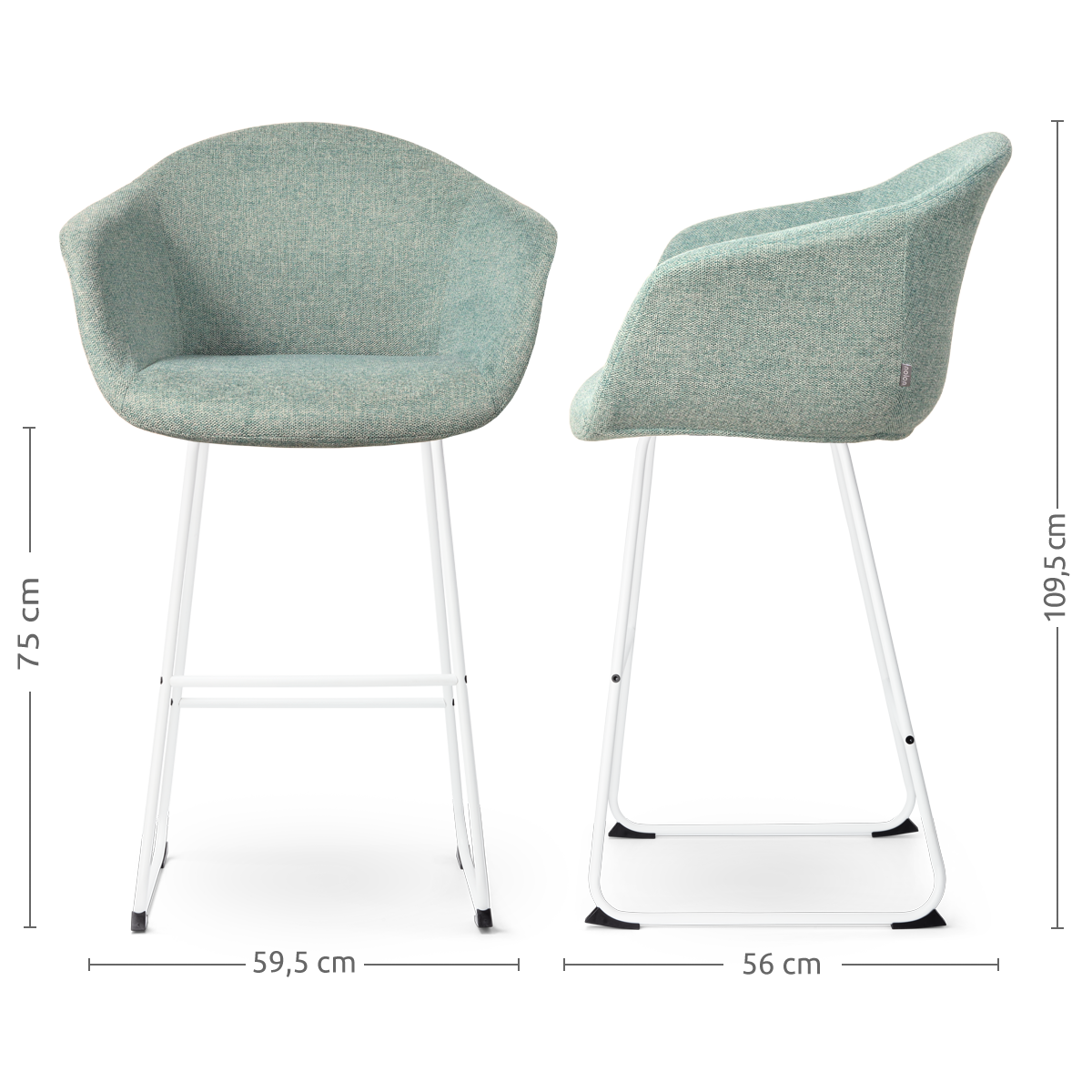 maatvoering van de Nino-Otis barkruk zacht groen - wit onderstel - 75 cm