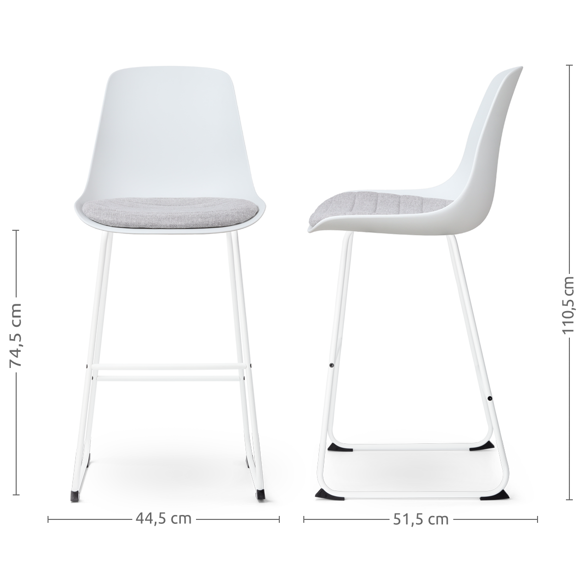 maatvoering van de Nino-Liv barkruk wit en lichtgrijs zitkussen - wit onderstel - 75 cm