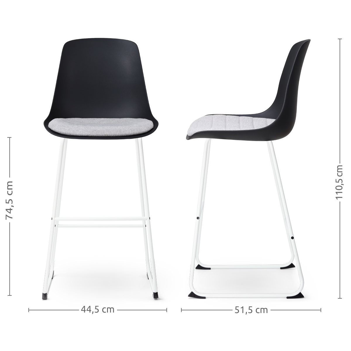 maatvoering van de Nino-Liv barkruk zwart en lichtgrijs zitkussen - wit onderstel - 75 cm