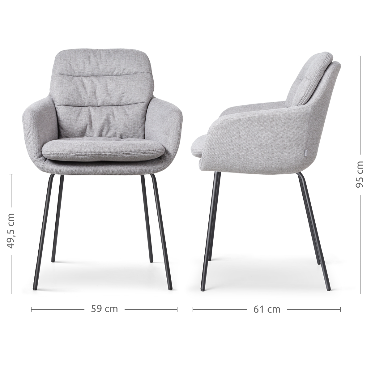 maatvoering van de Nora-Mia eetkamerstoel grijs - zwart onderstel
