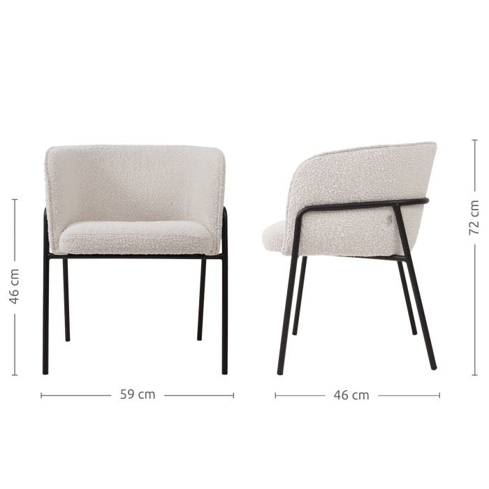 maatvoering van de Josefien eetkamerstoel bouclé beige - zwart onderstel