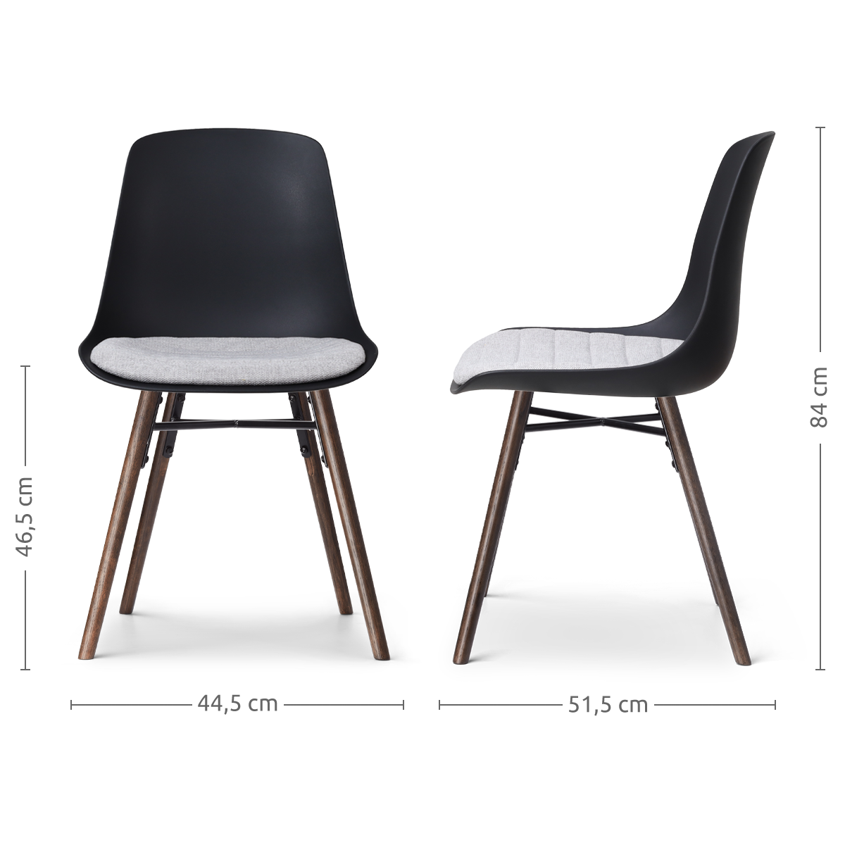 maatvoering van de Nena-Liv eetkamerstoel zwart met lichtgrijs zitkussen - walnoot houten onderstel