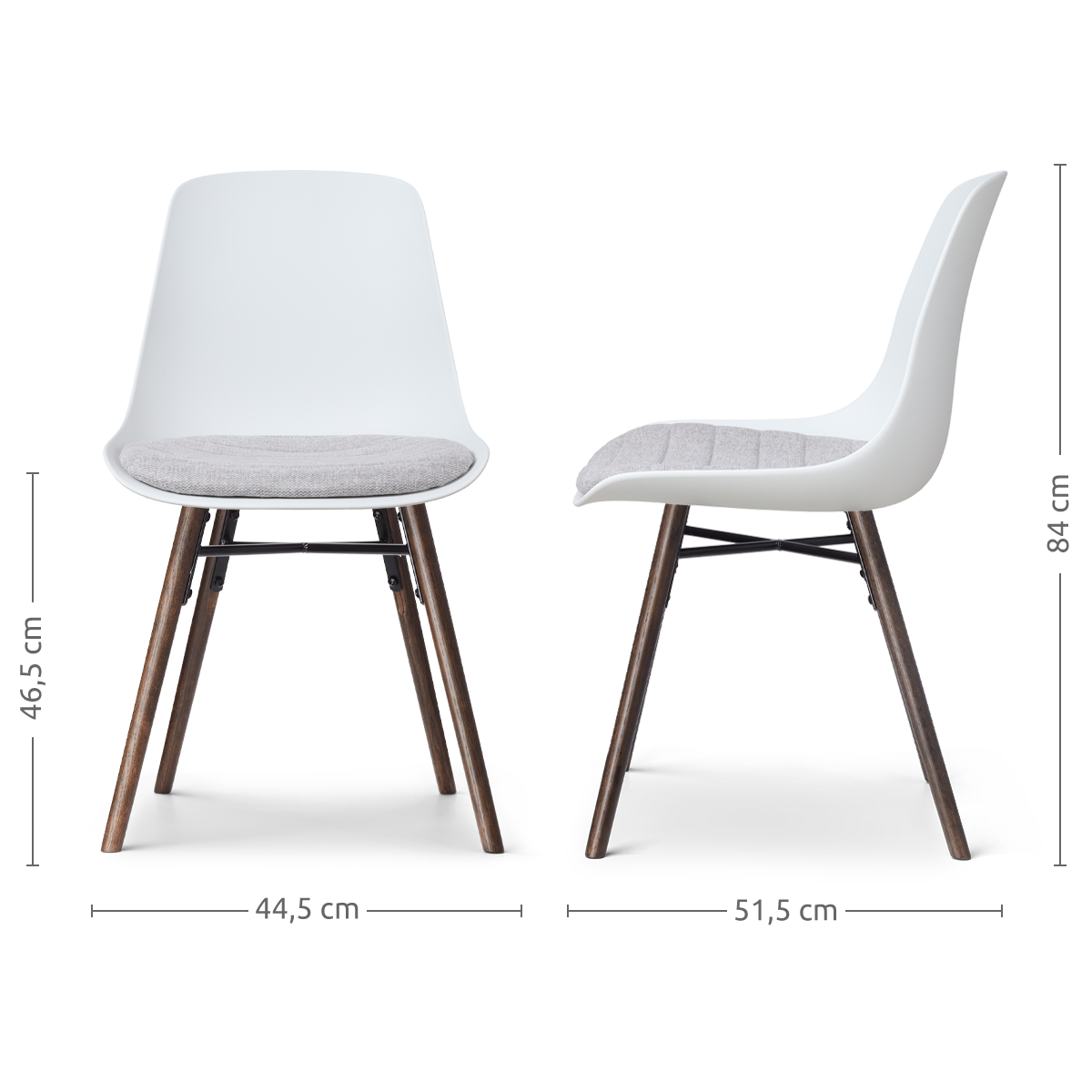 maatvoering van de Nena-Liv eetkamerstoel wit met lichtgrijs zitkussen - walnoot houten onderstel