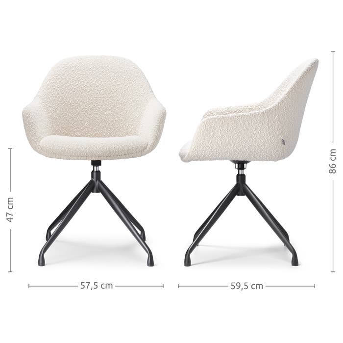 maatvoering van de Nola-Mae draaibare eetkamerstoel bouclé beige - zwart onderstel