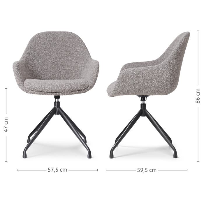 maatvoering van de Nola-Mae draaibare eetkamerstoel bouclé taupe - zwart onderstel
