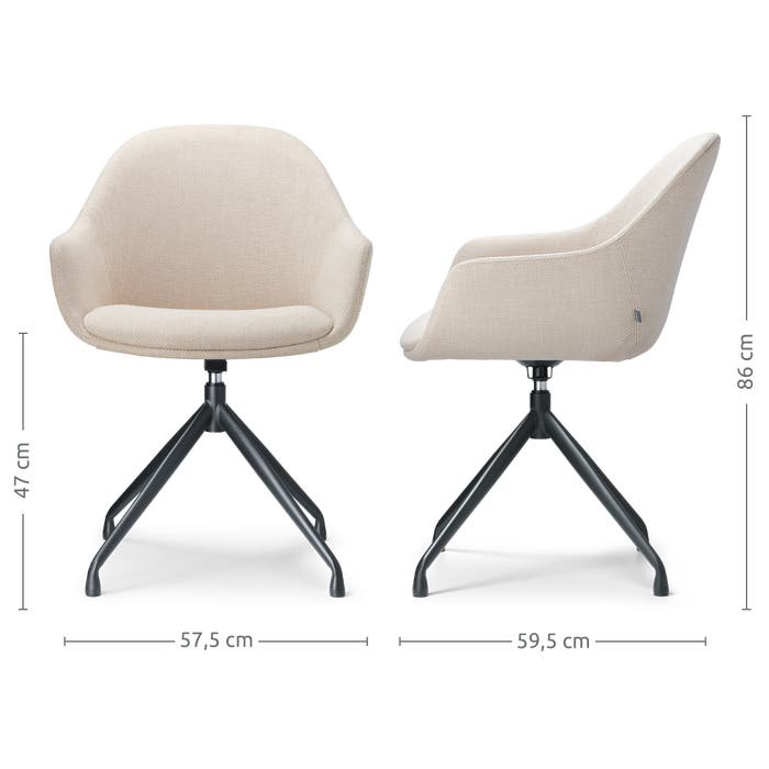 maatvoering van de Nola-Mae draaibare eetkamerstoel beige - zwart onderstel