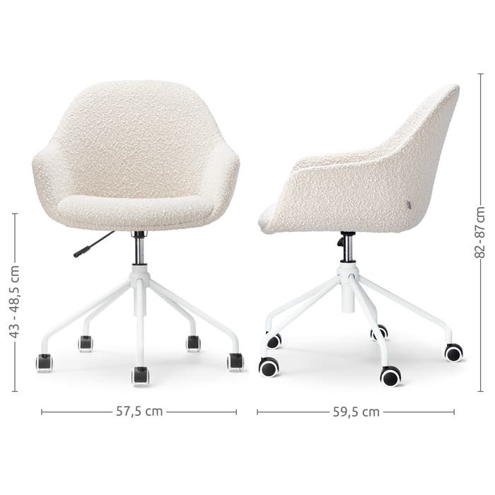 maatvoering van de Nout-Mae bureaustoel bouclé beige - wit onderstel