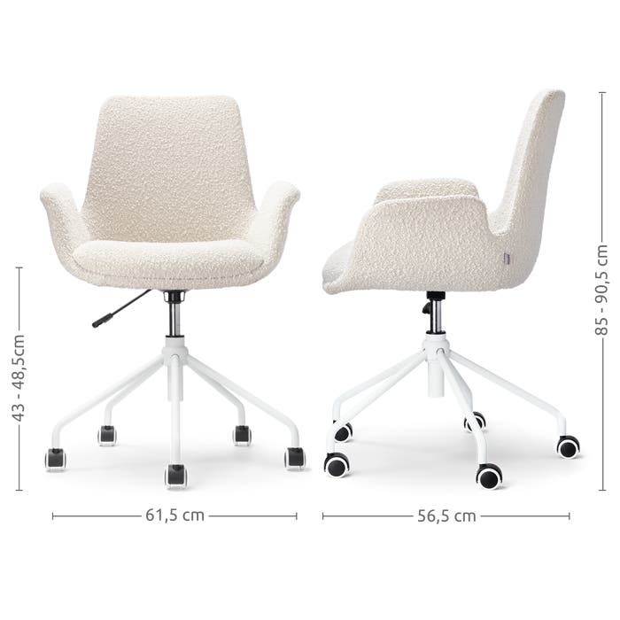 maatvoering van de Nout-Eef bureaustoel bouclé beige - wit onderstel