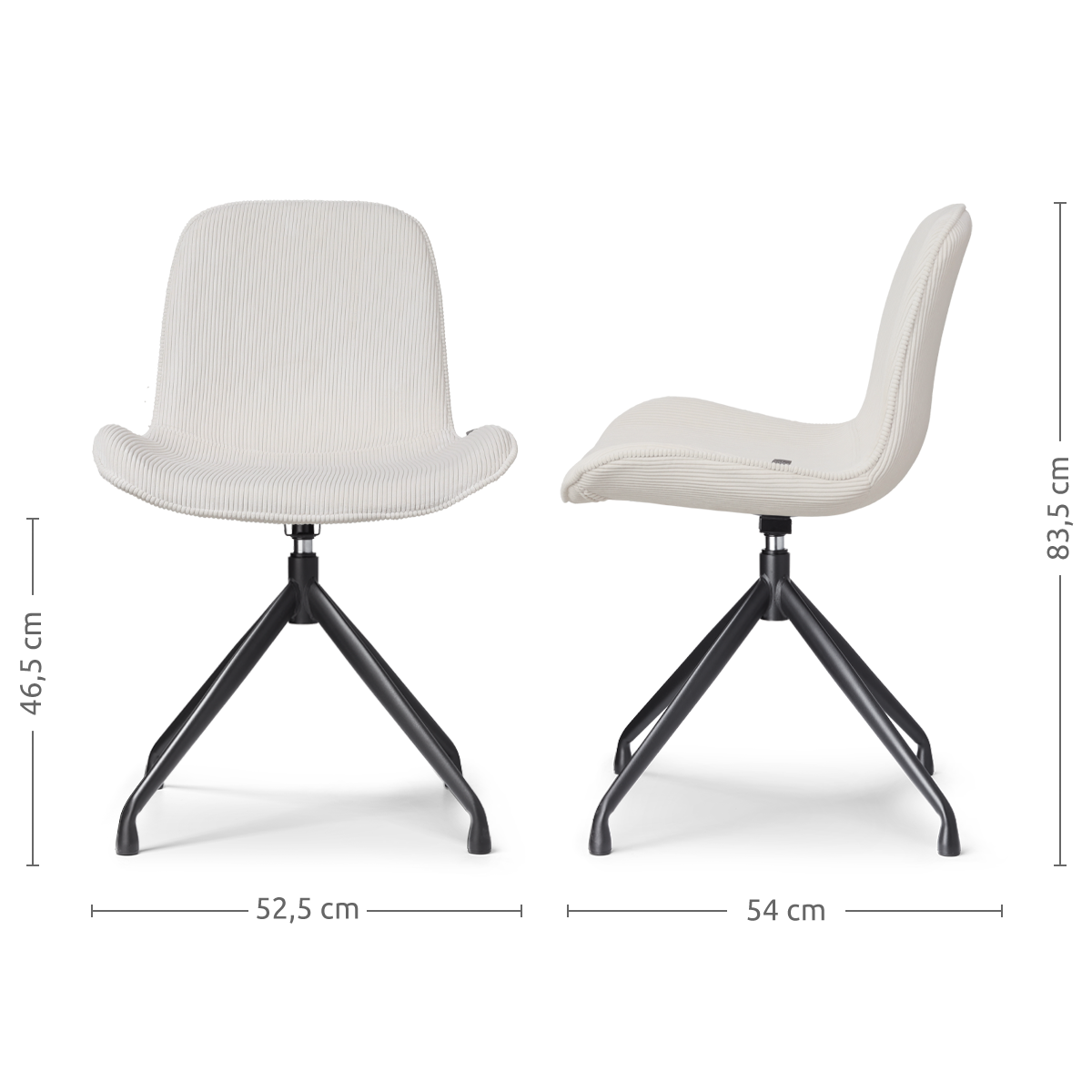 maatvoering van de Nola-Fé draaibare eetkamerstoel rib crème - zwart onderstel - set van 2