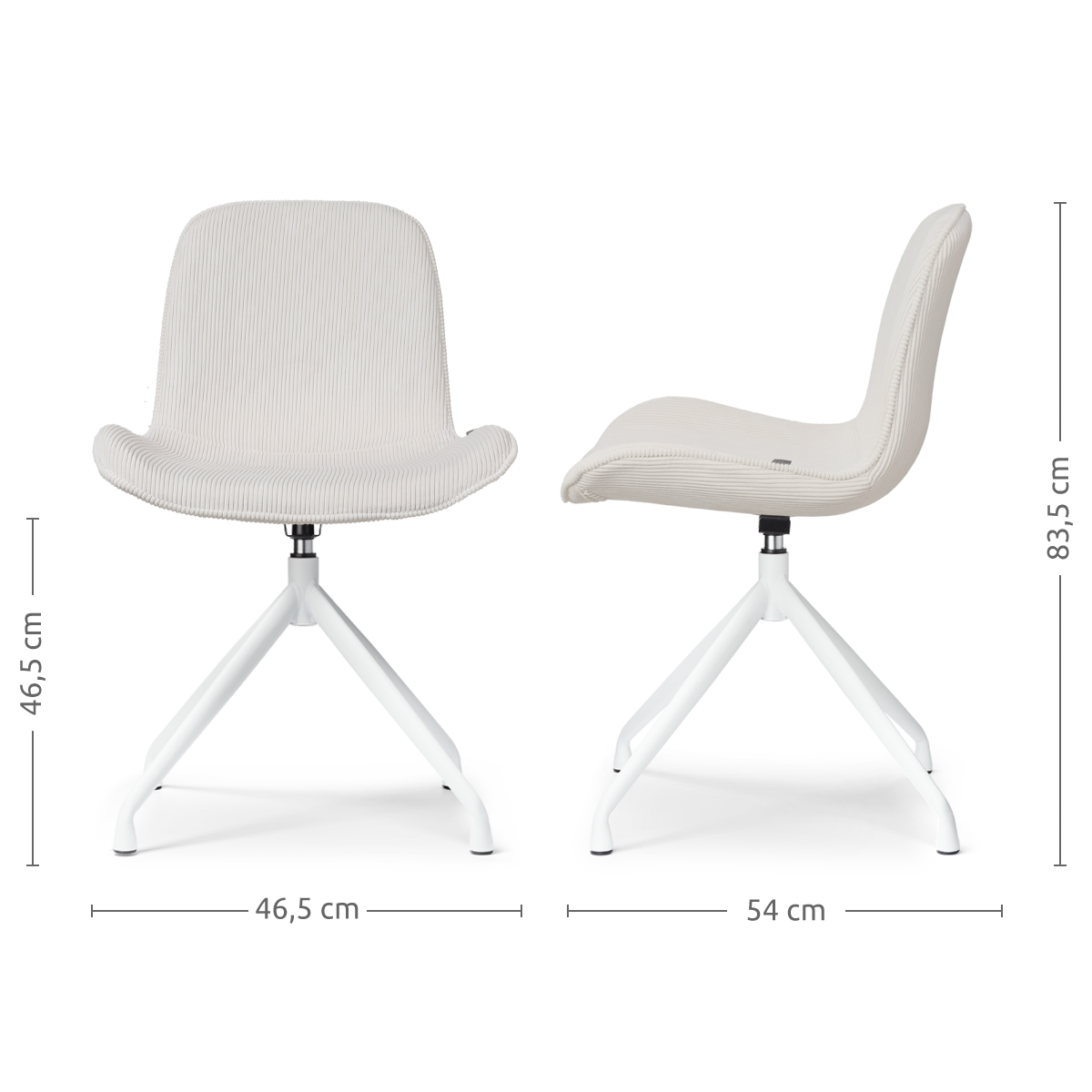maatvoering van de Nola-Fé draaibare eetkamerstoel rib crème - wit onderstel - set van 2