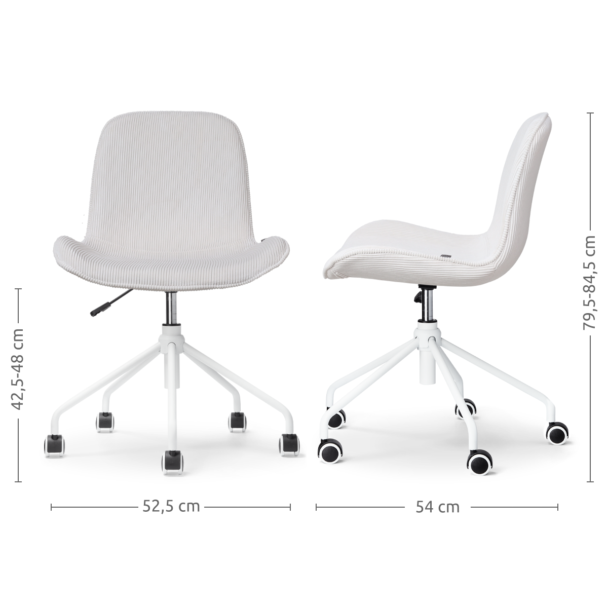 maatvoering van de Nout-Fé bureaustoel rib crème - wit onderstel - set van 2