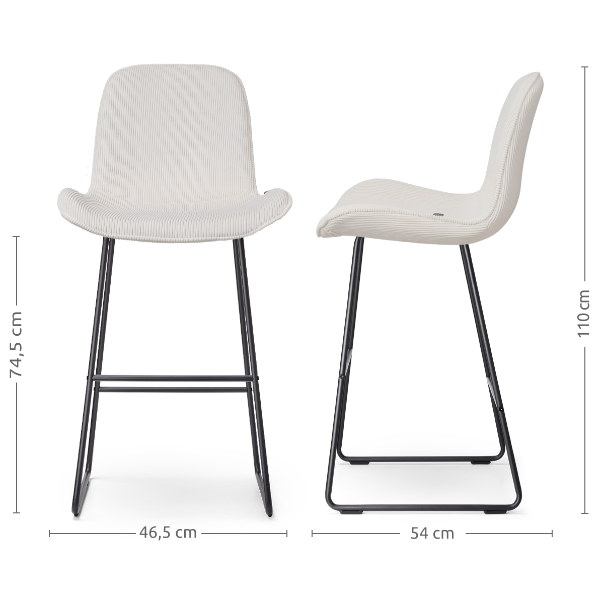 maatvoering van de Nino-Fé barkruk rib crème - zwart onderstel - 75 cm - set van 2