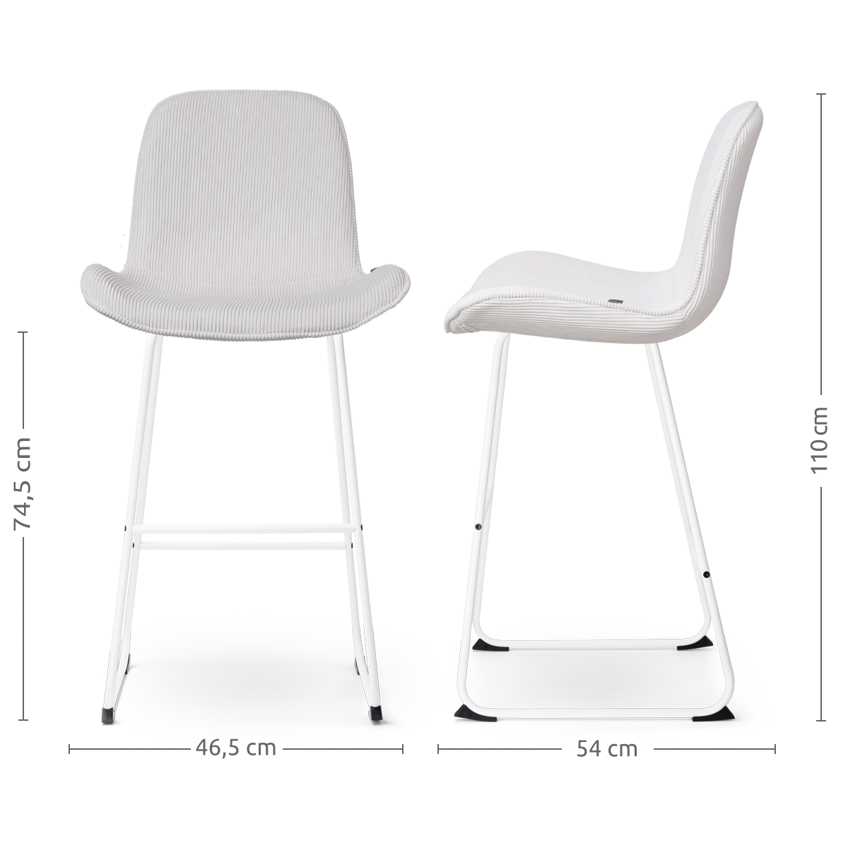 maatvoering van de Nino-Fé barkruk rib crème - wit onderstel - 75 cm - set van 2